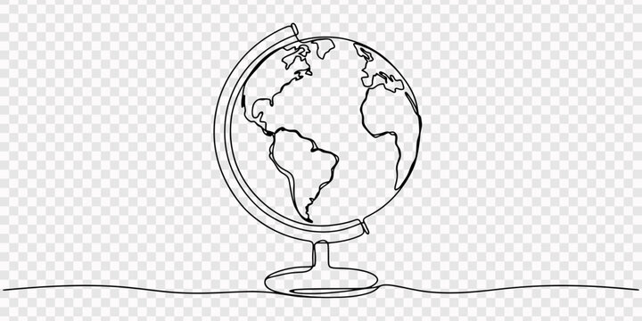 Minimalist continuous line drawing of a globe on a stand, symbolizing global connection, travel, and education on a white background, One continuous line art depicting a world globe on a stand with 