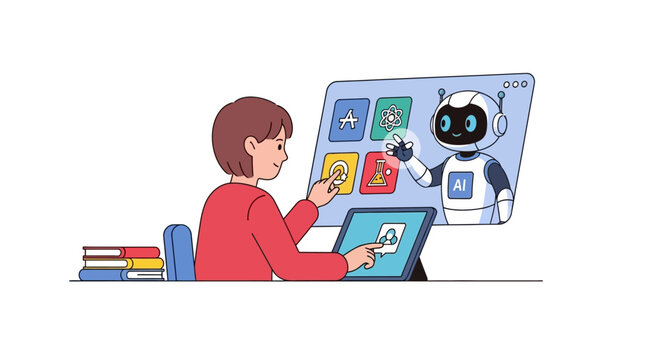 Child learning with AI robot on tablet and computer screen, education concept