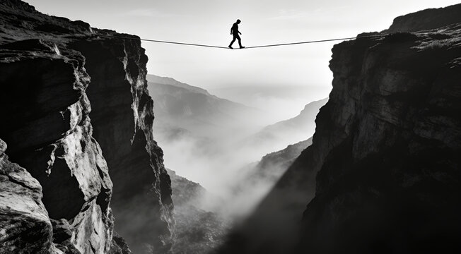 Silhouette of person walking tightrope between mountain cliffs in black and white, dramatic risk and balance concept for adventure background