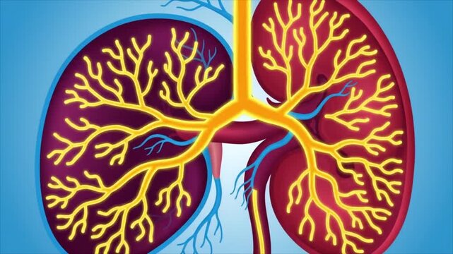 Anatomical illustration of human kidneys with detailed vascular structures and ureters.