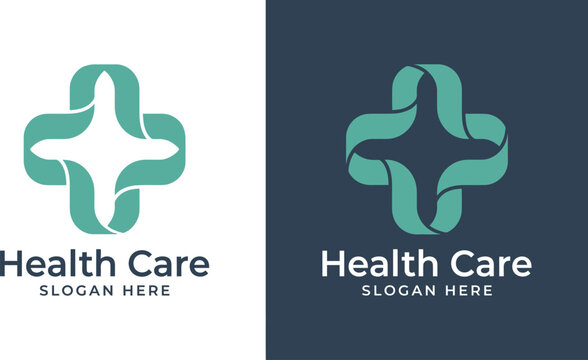Healthcare logo designs featuring a stylized cross are presented in two distinct color variations for branding purposes.