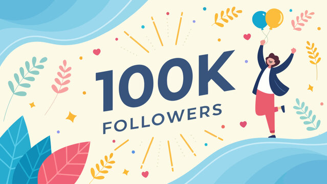Celebration of 100k followers milestone with happy person vector illustration followers celebration milestone community influencer marketing achievement platform promotion character