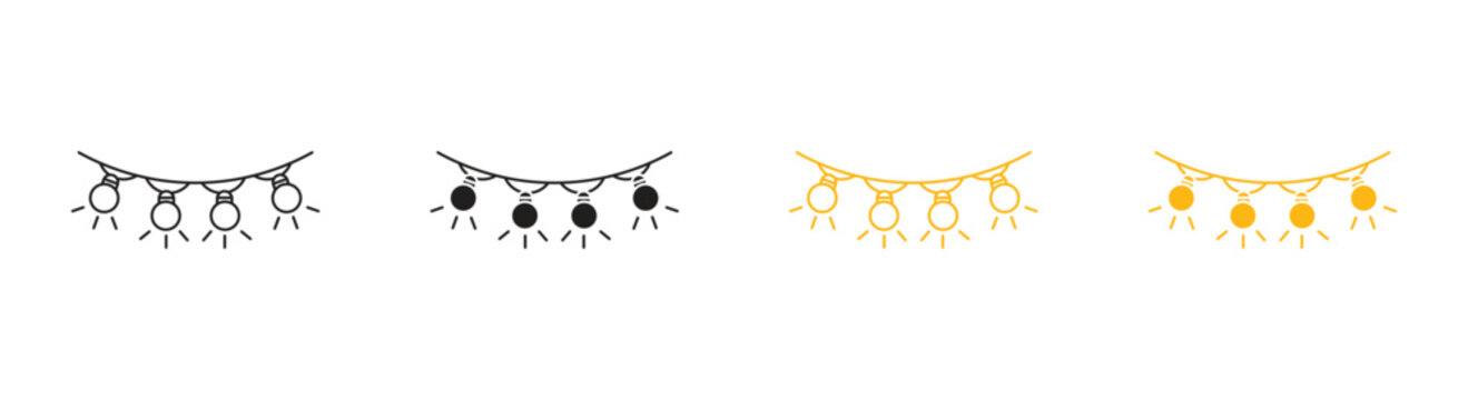 String Light Garland Icons, Hanging Light Bulb Symbols, Festive Decoration Icons, Holiday Vector Icons