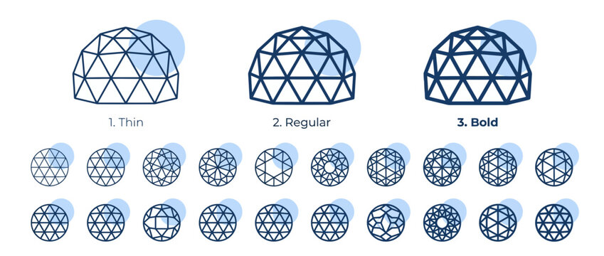 Collection of various geodesic dome structures and geometric sphere patterns.