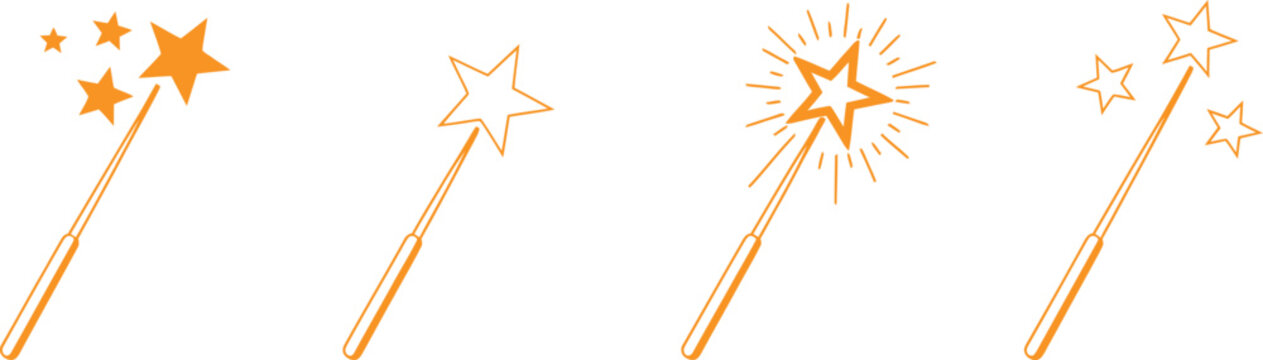 Magic wand icons set, wizard stick and sparkle star symbols representing magic, illusion, fantasy power, and creative transformation concepts.