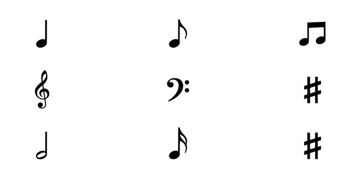 Musical Notes and Clefs Arranged in a 3x3 Grid Featuring Music, Treble, Bass with Sharp and Symbol Elements for Design, Vector