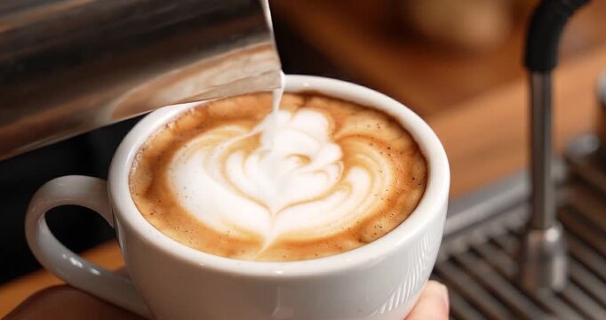 Latte art cappuccino coffee espresso milk barista cafe cup foam hot drink pouring steamed milk into espresso cup, creamy foam forming heart latte art, warm light cafe counter closeup beverage
