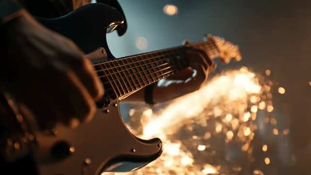 Close-up of an electric guitar during a live performance with glowing sparks and dramatic stage illumination, energetic rock entertainment, nightlife culture, concerts, youth events, and music