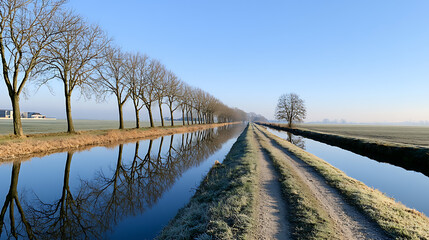 Obraz premium Serene winter canal path with bare trees reflect on calm water, a frost-covered landscape under a clear blue sky, quiet natural scenery