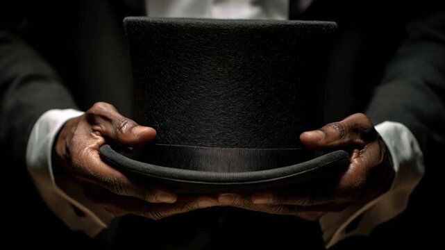 Man in dark formal clothing holding a black top hat under dramatic low-key illumination, mysterious theatrical atmosphere for magic performances, noir storytelling, and cinematic suspense.