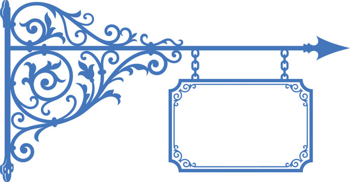 Ornate blue wrought iron sign bracket with blank rectangular plaque