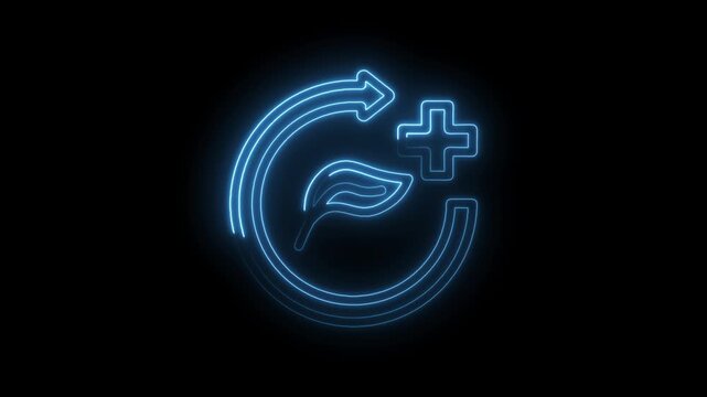 Blue neon glowing circular arrows with leaf and plus sign animation representing icon