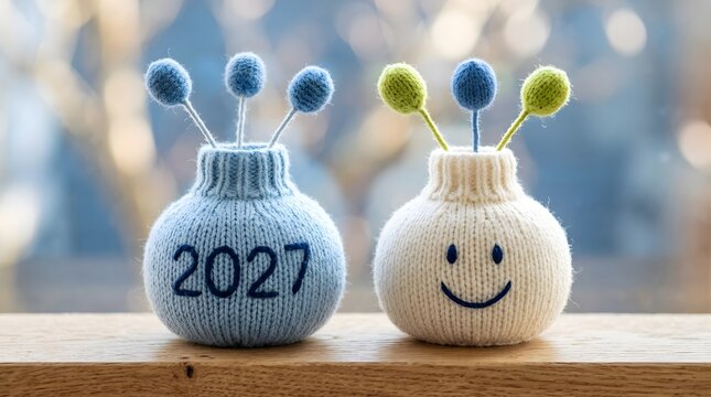 New Year 2027 Cute Knitted Winter Decoration with Handmade Soft Toys