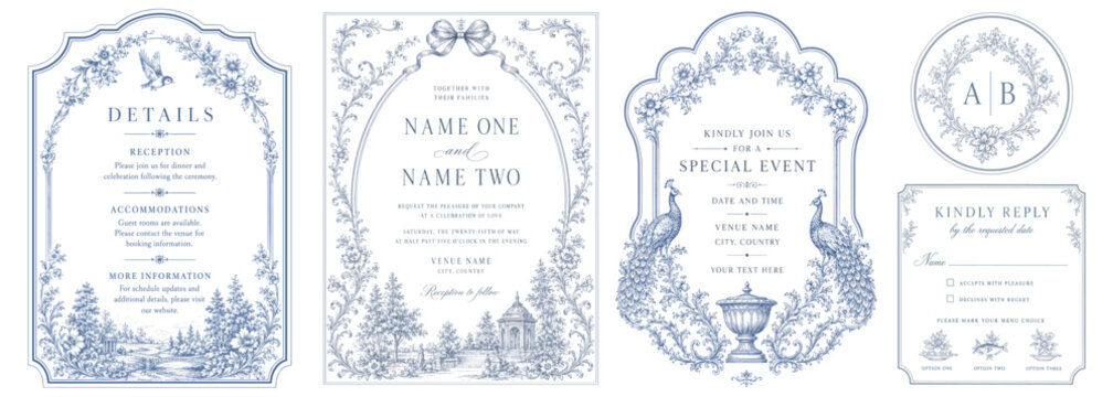 Elegant blue toile wedding invitation suite with floral frames, peacocks, garden scenes, bow, monogram and RSVP card for classic event stationery vector design
