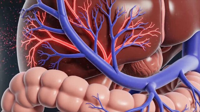 The human digestive system with liver and intestines shown clearly