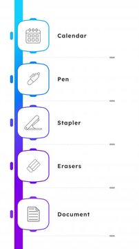 Simple office supply line icons infographic animation. Corporate tools. Scheduling calendar with documentation organization. Process flow options. Outline graphic animated 5 steps. HD video