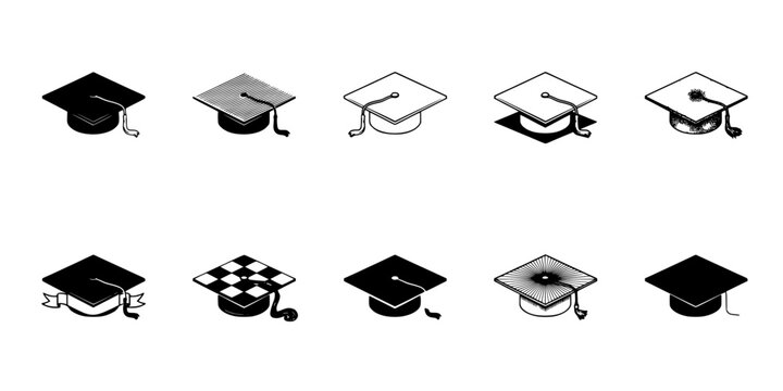 Graduation Caps Icon Set with Mortarboards, Tassels, and Checker Patterns in Flat Monochrome Style Featuring Cap, Mortarboard