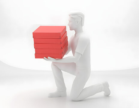 Figura humana blanca arrodillada entregando una pila de cajas rojas