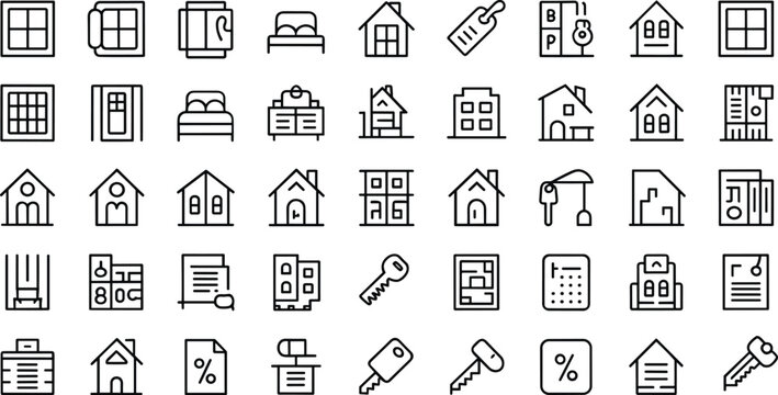Real estate icon set with linear house building window key and mortgage vectors for property managementReal estate icon set with linear house building window key and mortgage vectors for property mana
