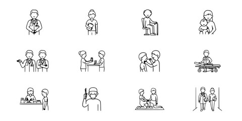 Fototapeta premium Doctors and Patients in Various Medical Scenarios Depicted in Simple Line Drawings Featuring Doctor, Patient, Healthcare