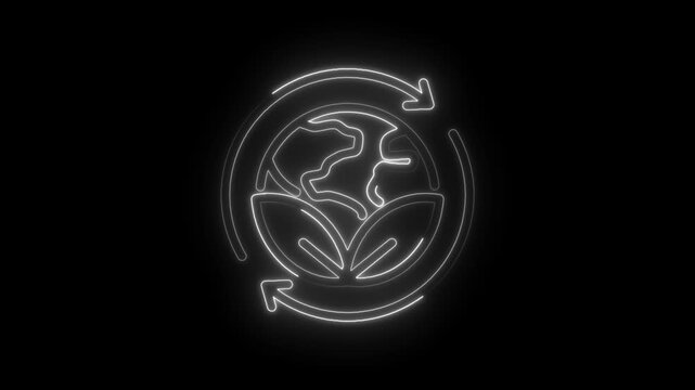 Neon glow earth recycling symbol with leaves and circular arrows motion graphics animation icon