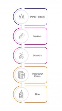 Minimalist school supply line icons infographic animation. Stationery items. Scissors and markers. Personal expression instruments. Process flow options. Outline graphic animated 5 steps. HD video