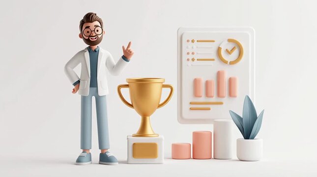Presenter standing next to a giant trophy, proudly pointing at success metrics displayed nearby, corporate achievement, business performance visualization, professional presentation.