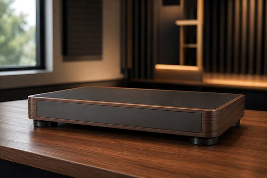Low rectangular wooden display platform with a dark surface and metallic feet sitting on a polished wooden table in a dimly lit room
