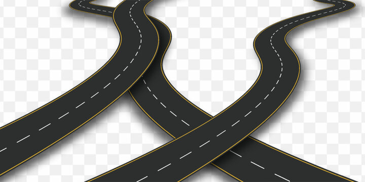 Road, winding and fork highway isolated on transparent background. Journey two lane curve asphalt pathway going into the distance. Route direction and navigation signs for map, Realistic 3d vector set