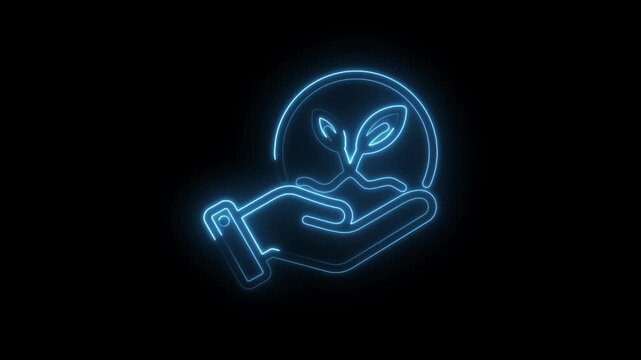 Neon blue hand holding growing plant sprout in circle icon animation on black background
