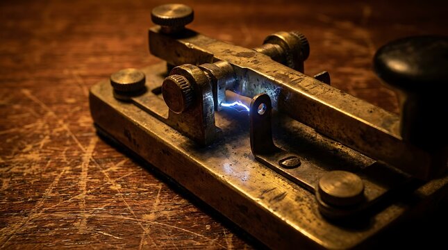 Vintage brass Morse code telegraph key resting on a weathered wooden desk, historical communication and antique technology concept.