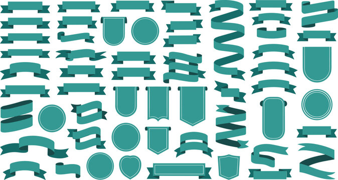 Ribbon banner vector icon set featuring teal green blank labels scrolls flags and promotional text templatesRibbon banner vector icon set featuring teal green blank labels scrolls flags and promotiona