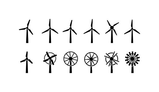 Wind turbine icons, black silhouette symbols, renewable energy graphics, 10 vector graphics