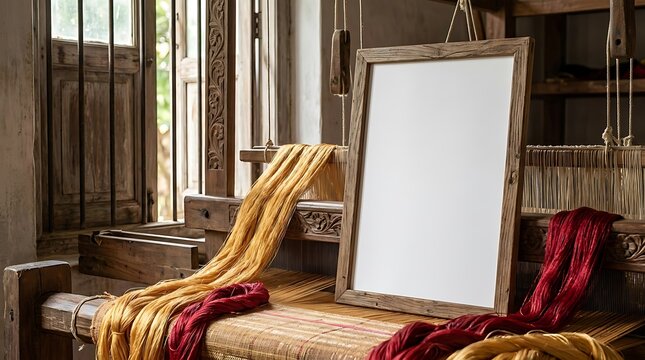 Blank canvas frame resting on an antique wooden handloom machine, a creative mockup template for traditional textile art display.