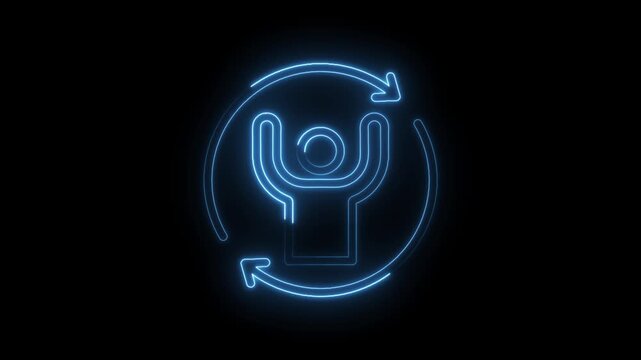 Blue neon outline of a person with arms raised in a circle with arrows indicating rotation icon
