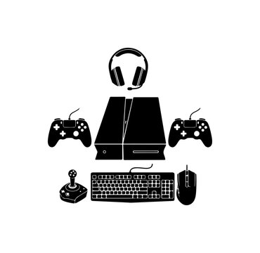 Gaming console, accessories, vector icons, black and white, gaming setup