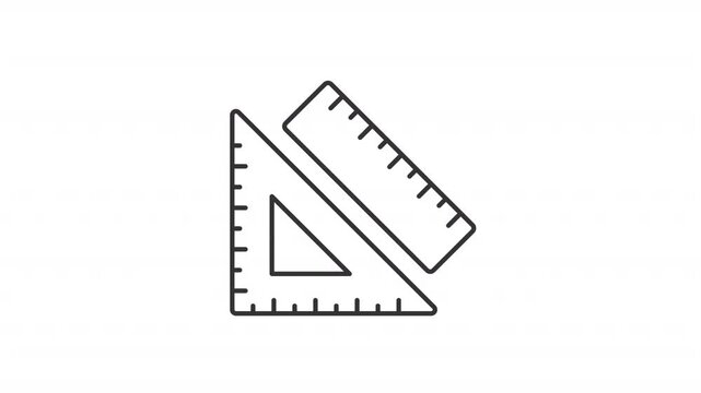 Measurement tools line animation. Set square and moving straight ruler animated icon. Architectural drafting instruments. Outline element on white background. HD video with alpha channel