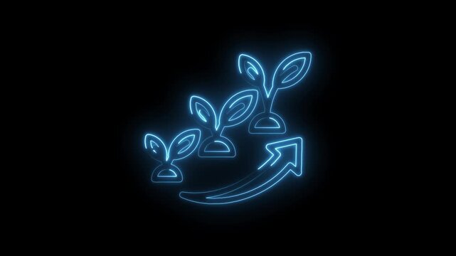 Glowing neon blue seedling growth chart with upward arrow symbolizing business success and... icon