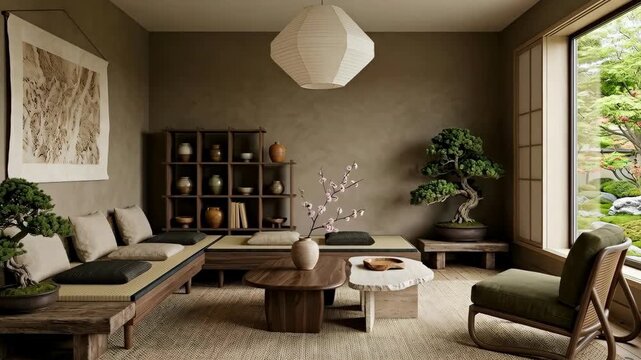 Minimalist living room with Japanese interior design. Zen inspired home with bonsai tree, tatami mat and scenic window view. Peaceful dwelling, organic style.