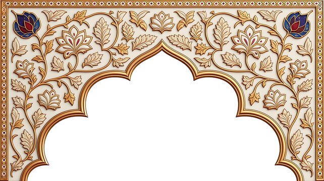 An ornate golden archway with detailed floral patterns and vibrant peacocks ideal for designs on transparent background high quality professional modern