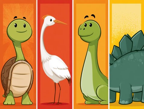 Cute Cartoon Animals Collection: Turtle, Egret, Brontosaurus, and Stegosaurus