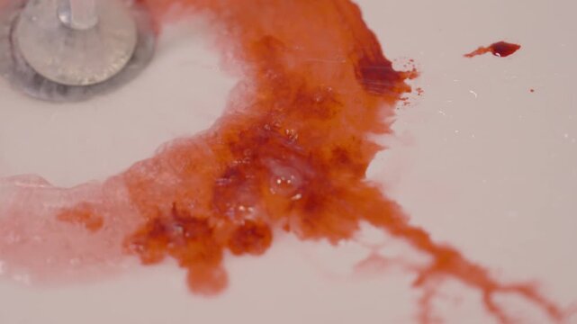 A sink with a pool of blood is being washed with water.
This symbolizes injury, discomfort, a nosebleed, or an accident.