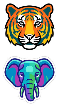 Colorful cartoon lion and unicorn heads illustration.