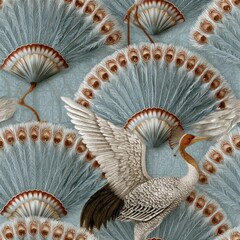 Fototapeta premium Elegant Feathered Crane and Peacock Plumage Seamless Pattern Design