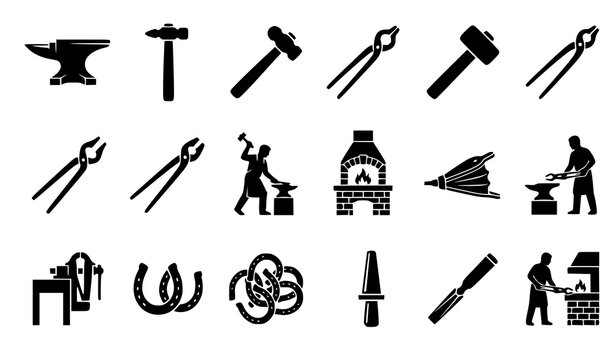 Blacksmithing and Metal Forging Silhouette Icon Set Featuring Forgeman Anvils Hammers Tongs Bellows Hearth and Farrier Horseshoe Tools Vector Illustration