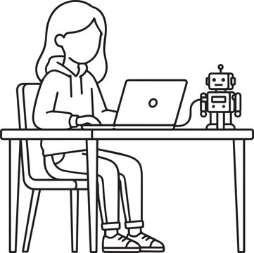 Girl child coding a robot on laptop during Day of Girl Child clean vector illustration