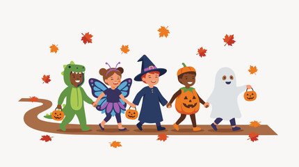 Naklejka premium Joyful diverse children in whimsical Halloween costumes walking a winding autumn path, eagerly trick-or-treating and celebrating the festive spirit of the season