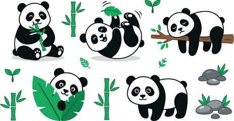 Cute giant panda cartoon character vector set featuring playful bear poses eating bamboo sleeping on branch rolling and hiding behind tropical leaves. © belal