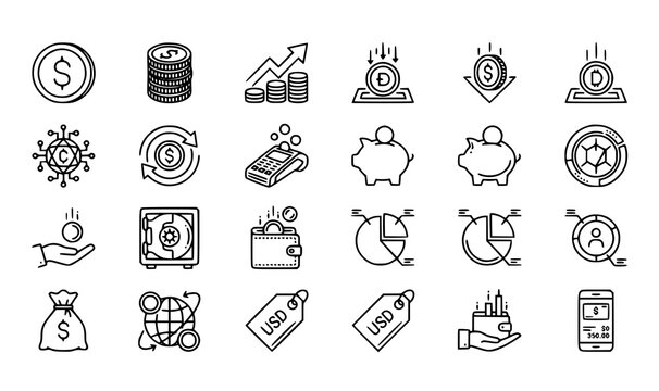 Coins line icons set finance money and crypto currency outline symbols vector
