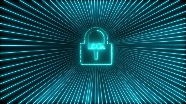  digital security shield with padlock icon over neon circuit board background. neon cyber security concept with glowing lock icon on digital circuit board background. 